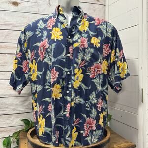VTG Tommy Hilfiger Logo Mens L Blue Floral Hawaiian Aloha Camp Pocket Shirt